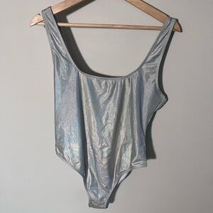 Iridescent Silver Bandeau Swimsuit Holographic Scoop Back‎ High Cut One Piece